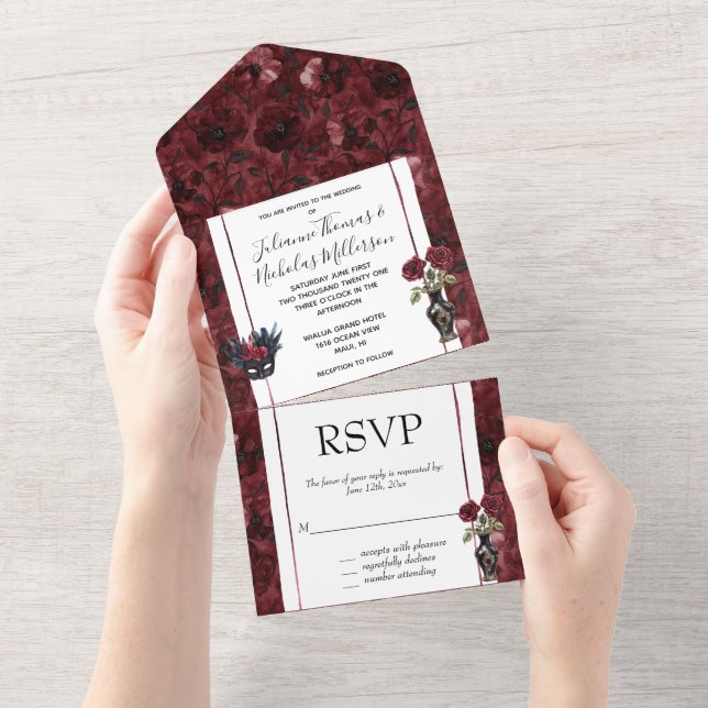 Invitación Todo En Uno Boda floral de Rubor rojo borgoña (desgarro)
