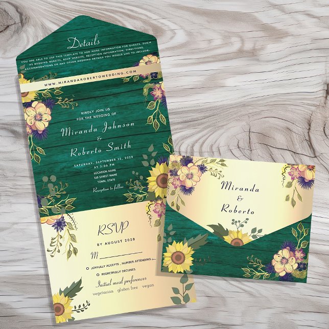 Invitación Todo En Uno Boda floral de Rústico verde esmeralda (Subido por el creador)