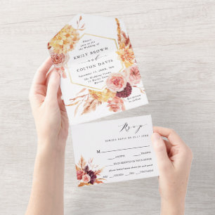 Invitación Todo En Uno Boda Floral de Terracota y Oro de Borgoña