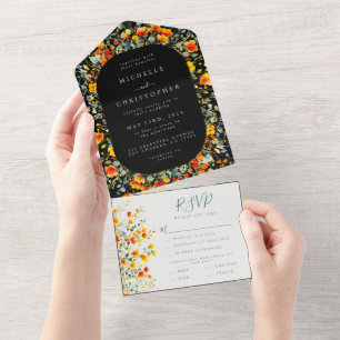 Invitación Todo En Uno Boda floral de verano negro colorido