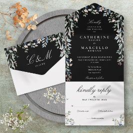 Invitación Todo En Uno Boda Floral de Verdor en Blanco y Negro