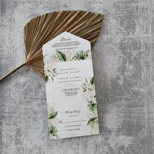 Invitación Todo En Uno Boda floral dorado de follaje tropical