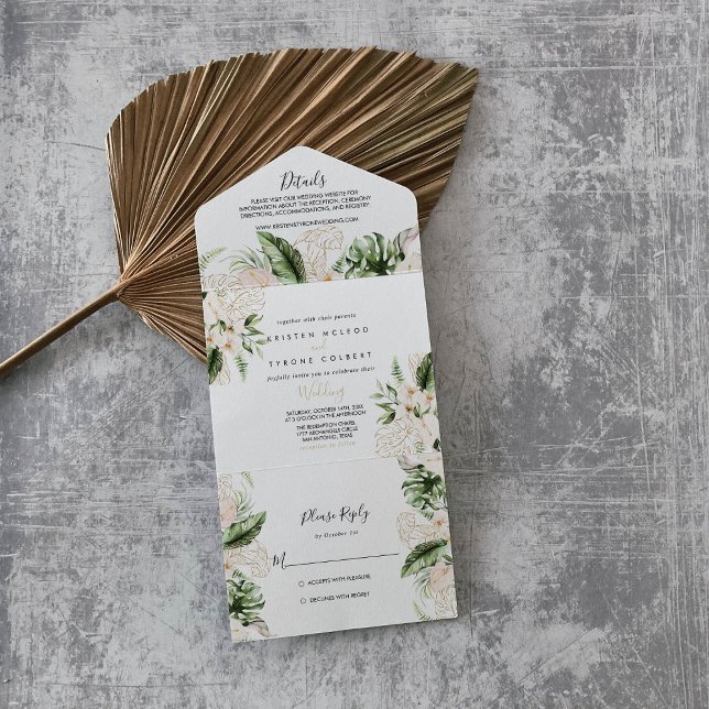 Invitación Todo En Uno Boda floral dorado de follaje tropical (Subido por el creador)