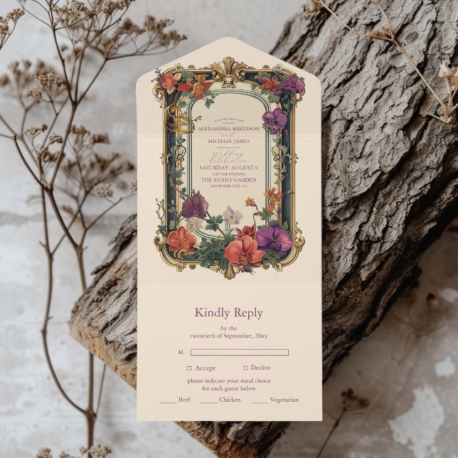 Invitación Todo En Uno Boda floral dorado púrpura (Subido por el creador)