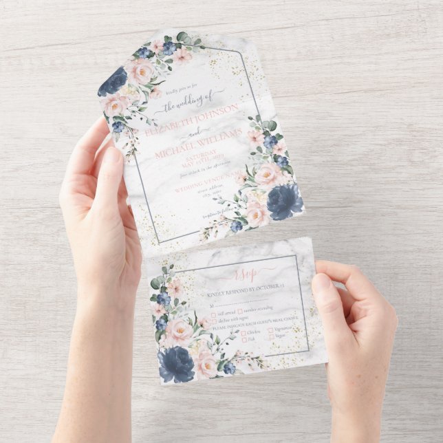 Invitación Todo En Uno Boda floral dorado rosa Rubor azul turbio claro (desgarro)
