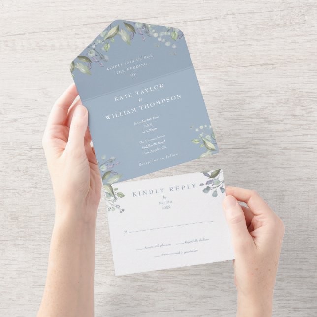 Invitación Todo En Uno Boda floral Dusty Blue Greenery (desgarro)