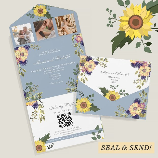 Invitación Todo En Uno Boda floral Dusty Blue Sunflower (Subido por el creador)