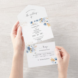 Invitación Todo En Uno Boda Floral Dusty Blue White Gold