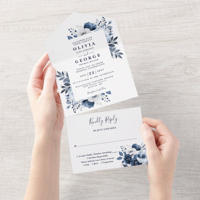 Invitación Todo En Uno Boda Floral Elegante Blanco Y Azul De La Armada (desgarro)