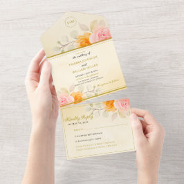 Invitación Todo En Uno Boda floral Elegante Crema Dorada Acuarela