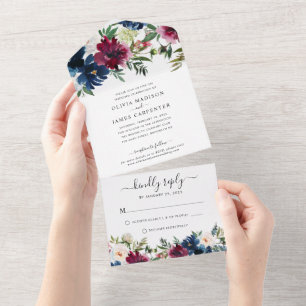 Invitación Todo En Uno Boda floral elegante de Borgoña Azul de la Marina 