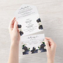 Boda floral elegante de color azul marino y blanco