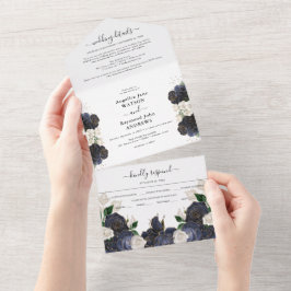 Invitación Todo En Uno Boda floral elegante de color azul marino y blanco