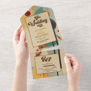 Invitación Todo En Uno Boda Floral Elegante de Mitad de Siglo