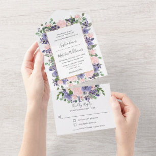 Invitación Todo En Uno Boda Floral Elegante Rosa y Lavanda en Dorado