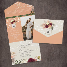 Invitación Todo En Uno Boda floral en acuarela burgundy y melocotón