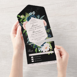 Invitación Todo En Uno Boda floral en azul marino y rosado sobre fondo ne
