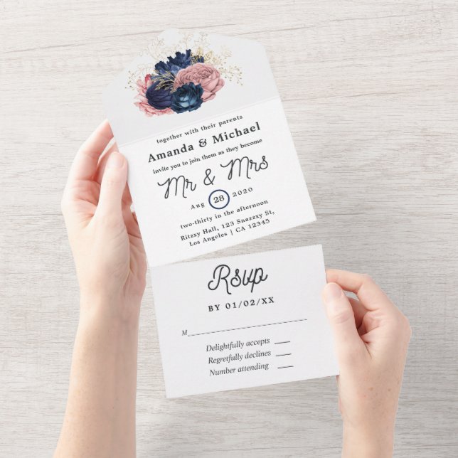 Invitación Todo En Uno Boda floral en rosa y azul marino y dorado (desgarro)