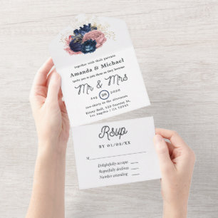 Invitación Todo En Uno Boda floral en rosa y azul marino y dorado
