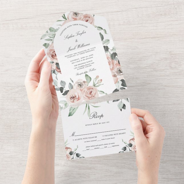 Invitación Todo En Uno Boda floral Eucalyptus Rosa (desgarro)