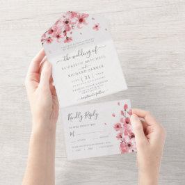 Invitación Todo En Uno Boda Floral Floral de cerezo rosa