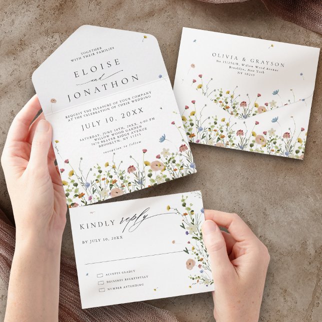 Invitación Todo En Uno Boda floral floral de primavera (Spring Wildflower Garden Floral Minimalist Wedding All In One Invitation)
