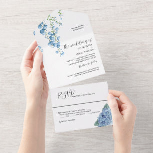 Invitación Todo En Uno Boda floral francés azul moderno