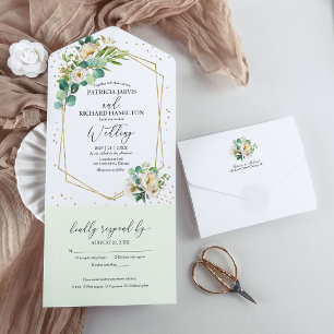Invitación Todo En Uno Boda Floral Geométrica de Peonía Eucalipto