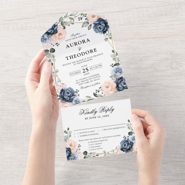 Invitación Todo En Uno Boda floral geométrica Rubor Dusty Blue Peach Al (desgarro)