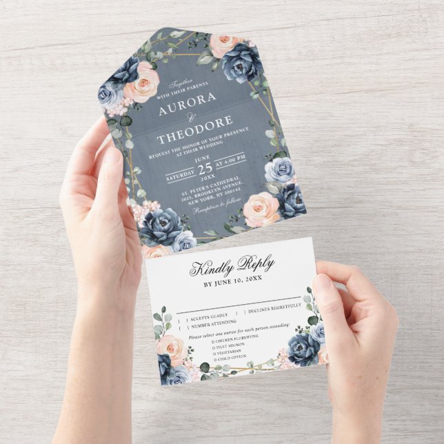 Invitación Todo En Uno Boda floral geométrica Rubor Dusty Blue Peach Al (desgarro)