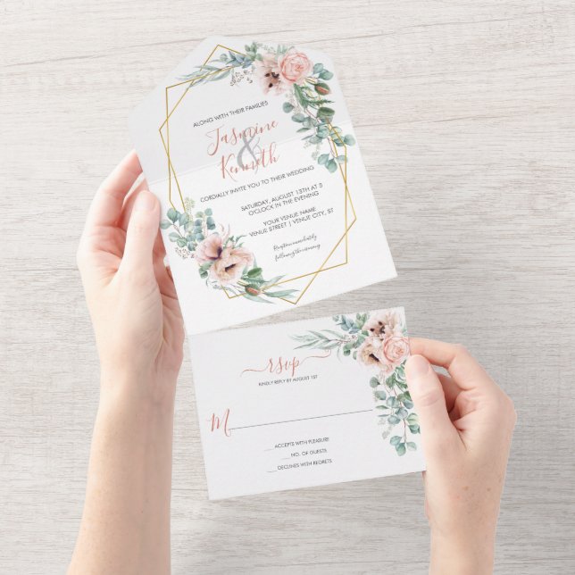 Invitación Todo En Uno Boda floral geométrico Rubor Pink & Ivory (desgarro)