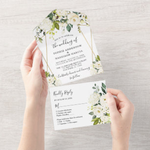 Invitación Todo En Uno Boda floral Gold Geométrico White Hydrangea