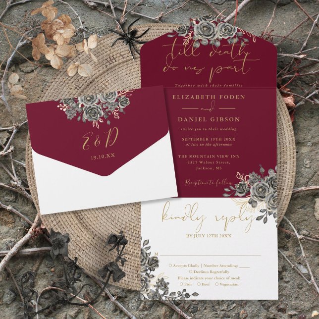 Invitación Todo En Uno Boda Floral Gótico Borgoña Rojo Y Rosas Negros (Gothic Burgundy Red And Black Roses Floral Wedding All In One Invitation)