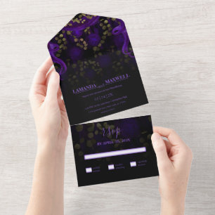 Invitación Todo En Uno Boda floral gótico morado oscuro ayuno manual