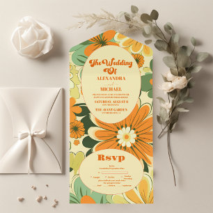 Invitación Todo En Uno Boda Floral Groovy Boho Retro