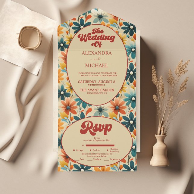 Invitación Todo En Uno Boda Floral Groovy Retro 70 (Subido por el creador)