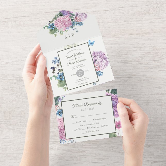 Invitación Todo En Uno Boda floral Hydrangea pintado a mano (desgarro)