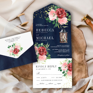 Invitación Todo En Uno Boda Floral Linterna Rosa Rubor Burdeos Azul Marin