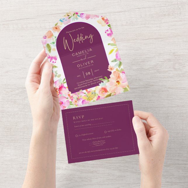 Invitación Todo En Uno Boda floral magenta (desgarro)