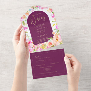 Invitación Todo En Uno Boda floral magenta