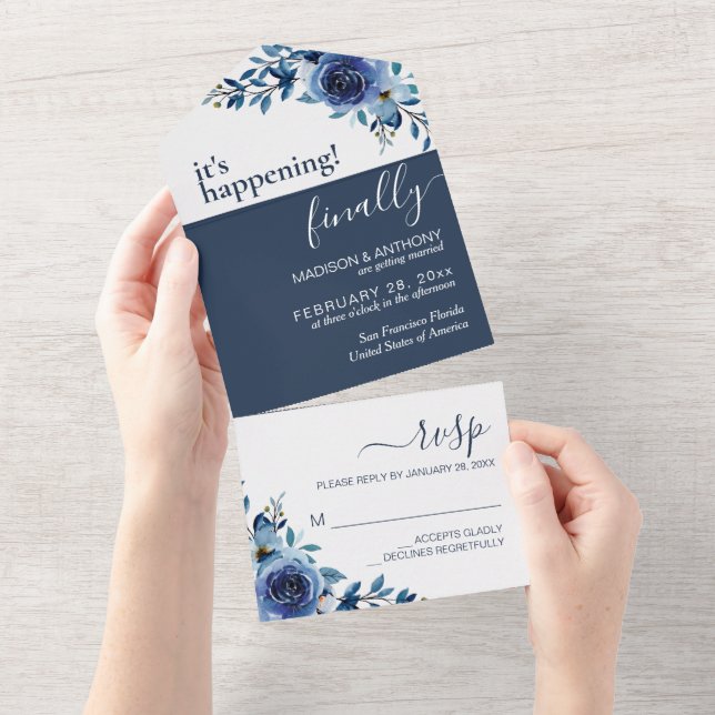 Invitación Todo En Uno Boda Floral Marina Azul Elegante (desgarro)