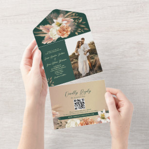 Invitación Todo En Uno Boda Floral Melocotón Verde Esmeralda