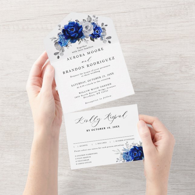 Invitación Todo En Uno Boda floral metálico plateado azul real (desgarro)