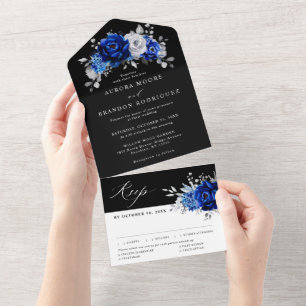 Invitación Todo En Uno Boda floral metálico plateado azul real Al