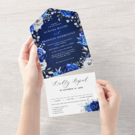 Invitación Todo En Uno Boda floral metálico plateado azul real Al