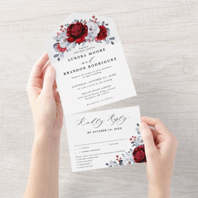 Invitación Todo En Uno Boda floral metálico plateado rojo real todo (desgarro)