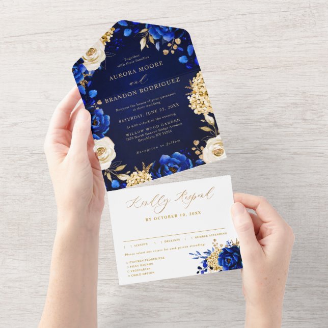 Invitación Todo En Uno Boda floral metálico Royal Blue Yellow Gold (desgarro)