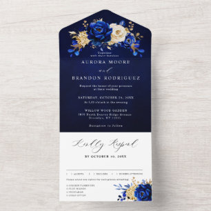 Invitación Todo En Uno Boda floral metálico Royal Blue Yellow Gold