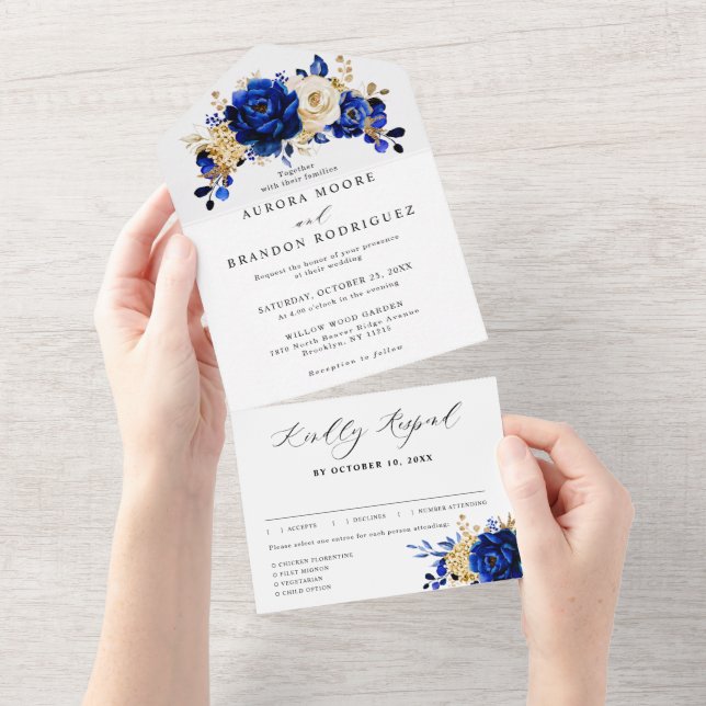 Invitación Todo En Uno Boda floral metálico Royal Blue Yellow Gold (desgarro)