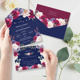 Invitación Todo En Uno Boda floral moderna de la Marina Borgoña Rubor